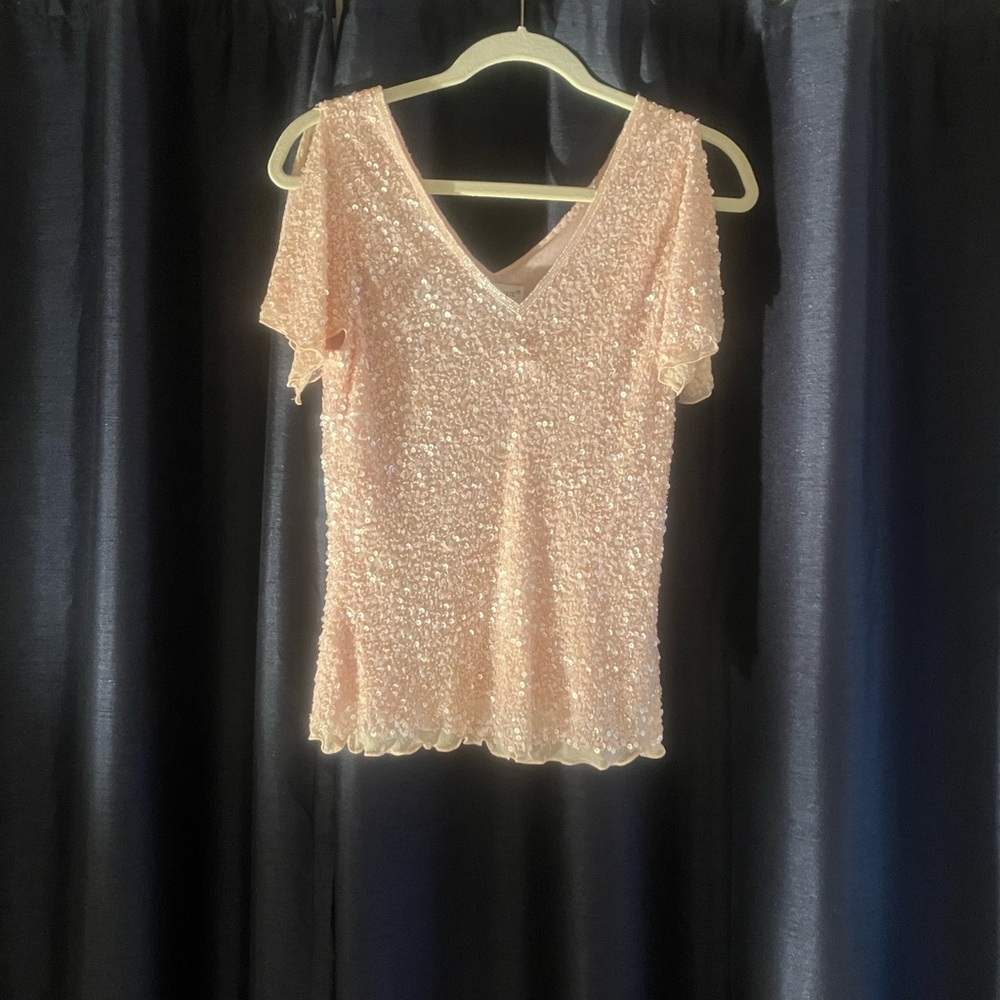 Papell Boutique Light Pink Sequin V-Neck Blouse